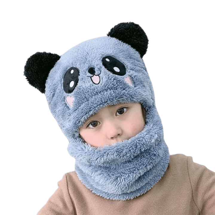Children’s Winter Fleece-Lined Cartoon Hat with Built-in Scarf – One-Piece Outdoor Cap