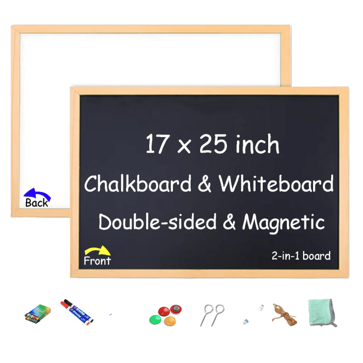 Double‑Sided Wooden Frame Magnetic Whiteboard & Blackboard – 34×26 cm Educational Learning Board with Magnets & Writing Tools
