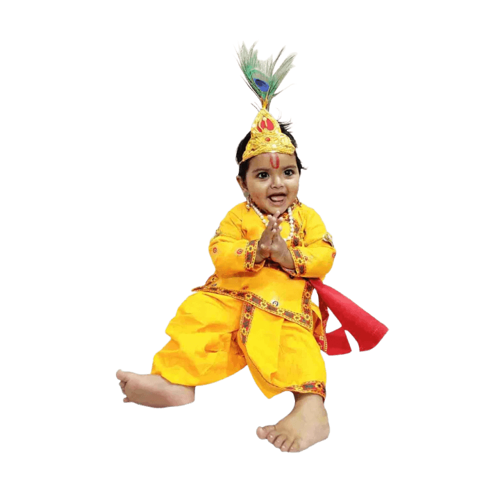Krishna Dress Set for Boys – Dhoti, Daura/Suruwal, Mukut & Murli (Cotton, Yellow)