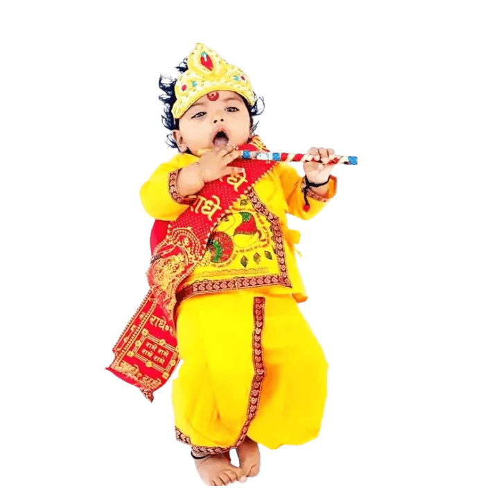 Pack of 5 Krishna Kids Cotton Dhoti‑Kurta Costume – Kurta, Dhoti, Bansuri, Mor Pankh Mukut & Bandhni Patka