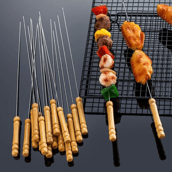 12 Pcs Stainless Steel Barbecue Skewers with Wooden Handles – BBQ Kebab Sticks