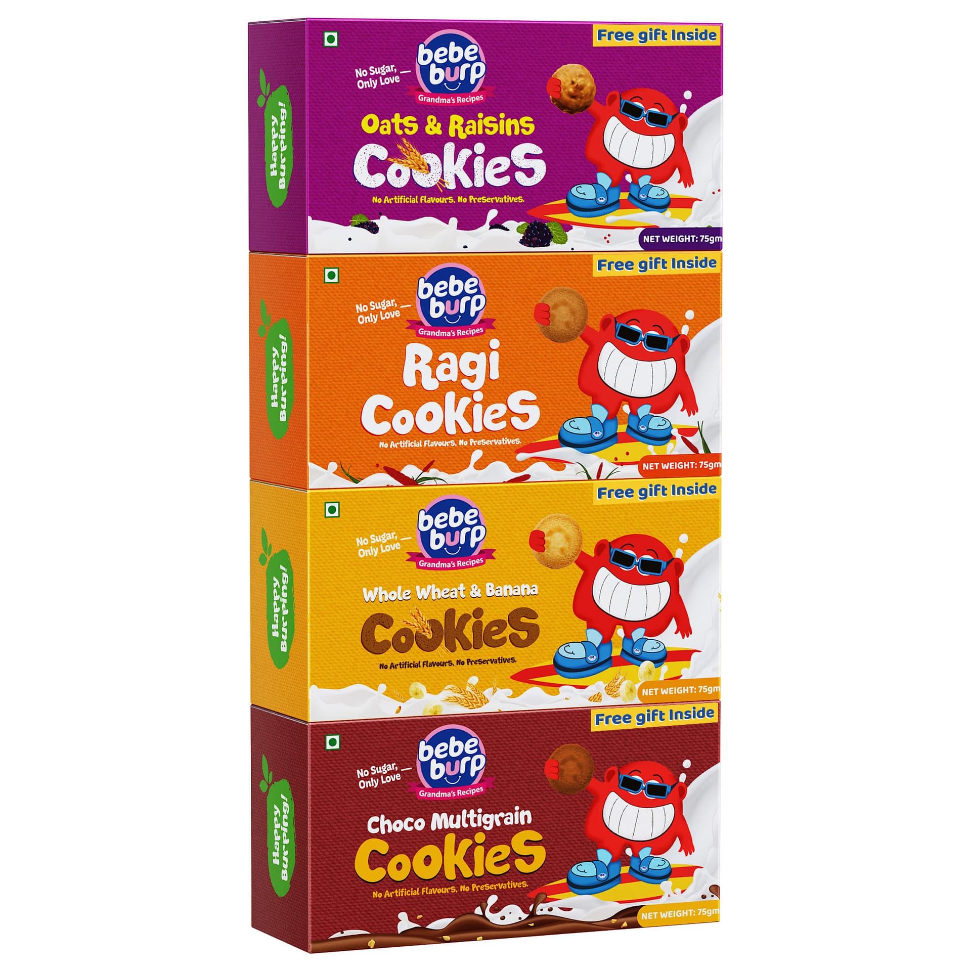 Bebe Burp Cookies Combo – 75g x 4 Flavours | Oats & Raisins, Ragi, Whole Wheat Banana, Choco Multigrain | No Maida | Baked Healthy Snack for All Ages