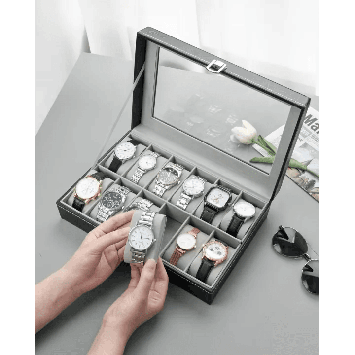 6-Slot Premium Leather Watch Organizer with Transparent Display Lid