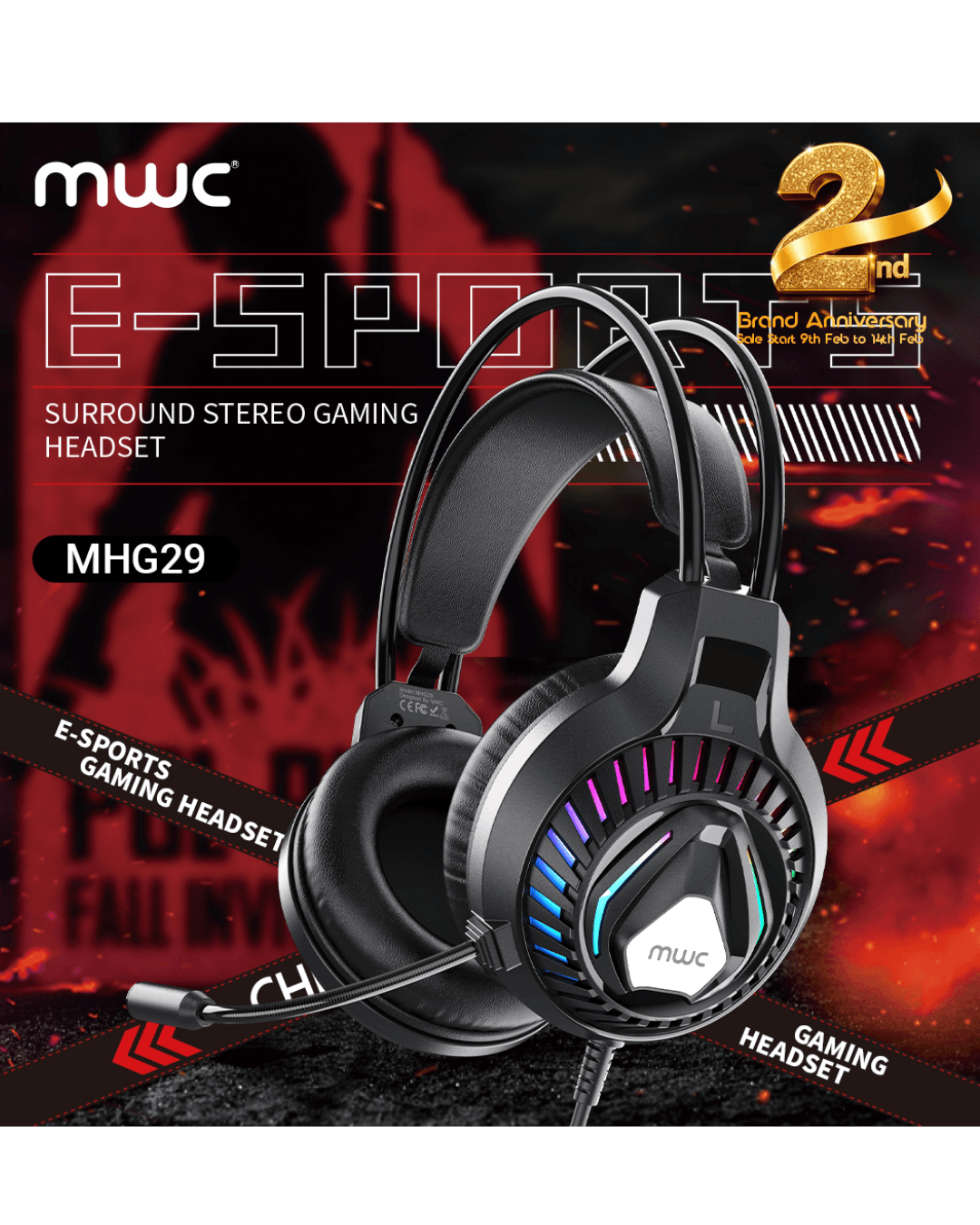 MWC MHG29 | GAMING HEADPHONE | 3.5mm Audio | 50mm Driver | Colorful Lighting(RGB Light) | 5.1 listening to the so (for accurate positional audio) | With Microphone-Black