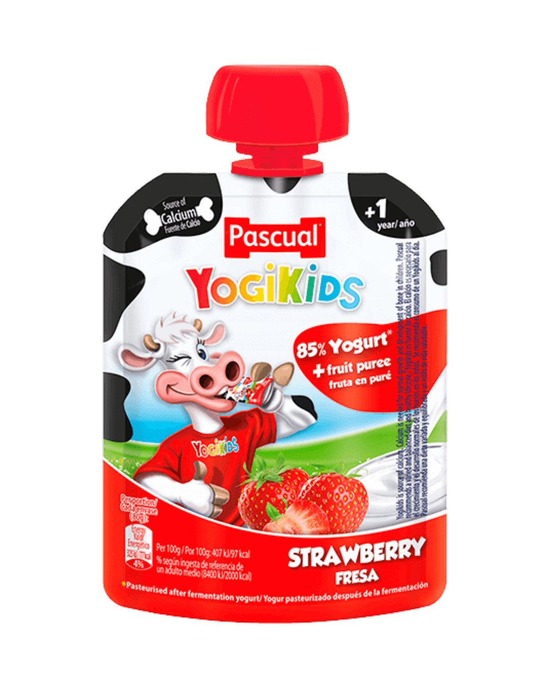 Pascual Yogikids strawberry flavored yogurt pouch.
