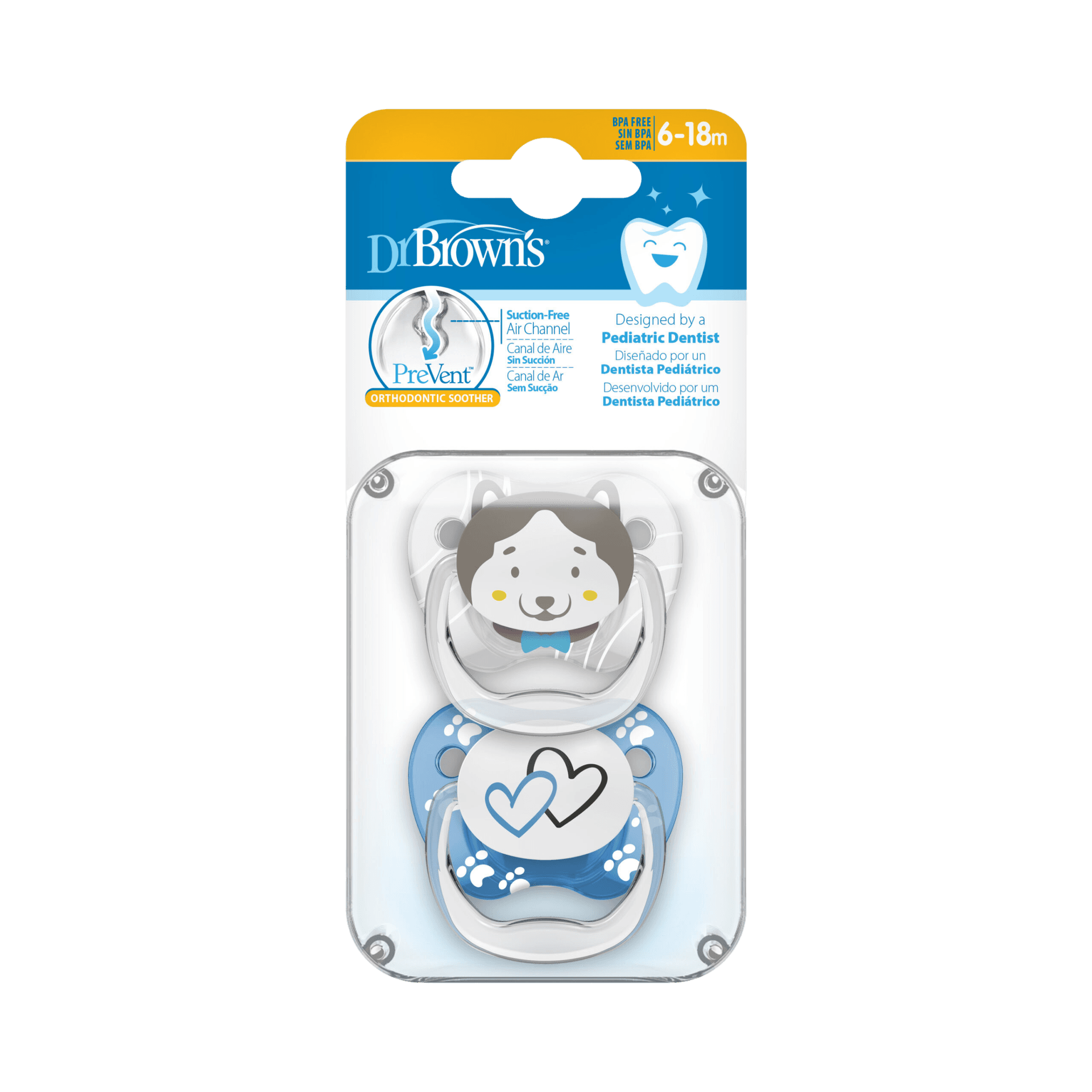 Dr Brown's PreVent Printed Shield Soother - Stage 2, Blue, 2- Pack