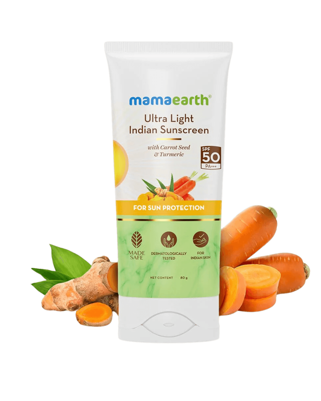 MAMAEARTH|Ultra Light Natural Sunscreen Lotion |SPF 50 PA+++ | Turmeric & Carrot Seed | 80ml