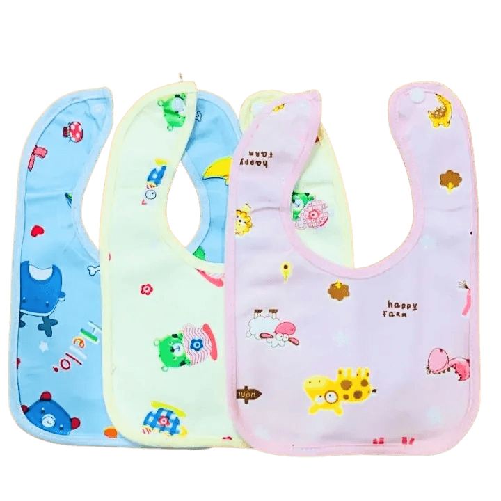 3‑Piece Waterproof Multicolor Baby Bib Combo – Adjustable Feeding Bibs with Crumb Pocket