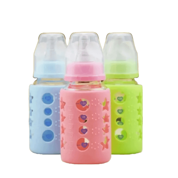 Honey Baby Glass Feeding Bottle 120 ml with Silicone Handle & Cover