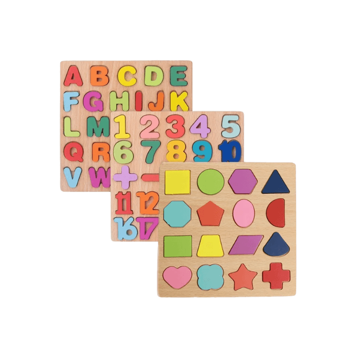 3‑in‑1 ABC Alphabet Digital Puzzle Wooden Toy – Letters, Numbers & Shapes Learning Board