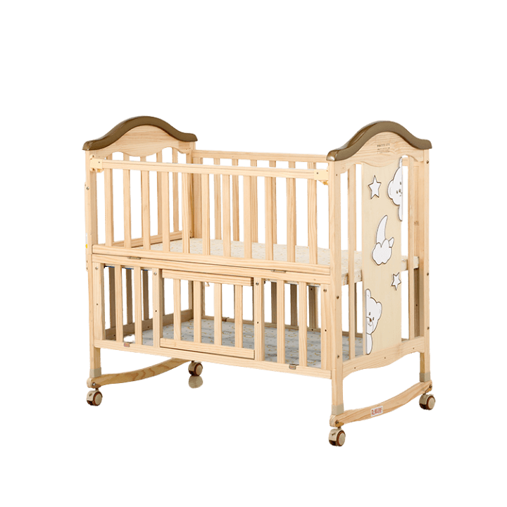 Solid Wood Multifunctional Baby Cradle – Convertible Pinewood Crib Rocker with Storage & Wheels