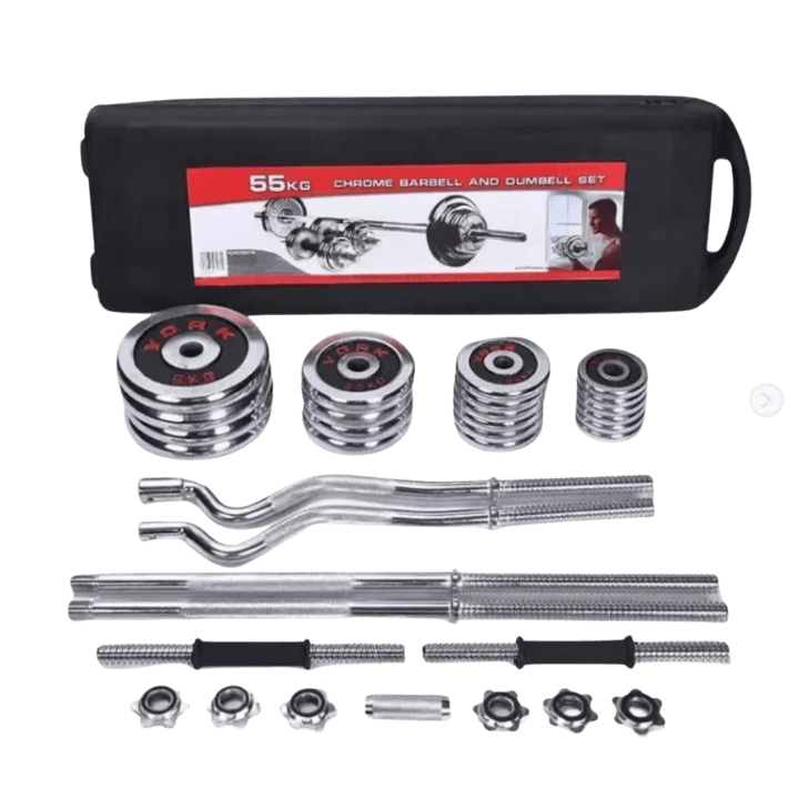 SPN’S York 55 kg Chrome Dumbbell Set with EZ Curl Bar & Straight Barbell Rod