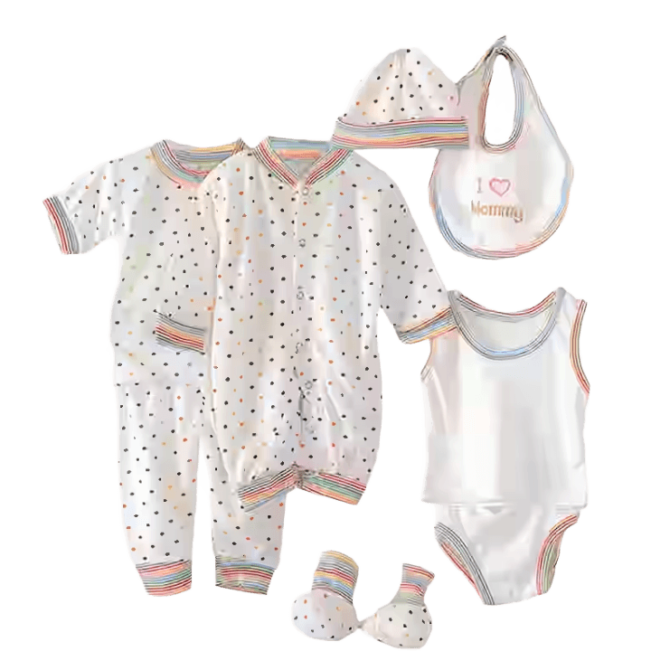8‑Piece Newborn Baby Boy Cotton Outfit Set – Tops, Pants & Accessories (0–12 Months)