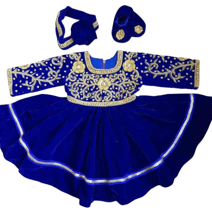 Pasni Dress Rice-Feeding Outfit Set for Baby Girl – Annaprasan Ceremonial 3–6 Months (Blue Velvet with Hat & Shoes)