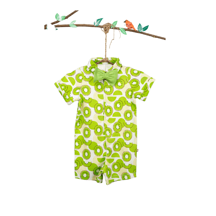 Peach & Light Green Bow-Attached Baby Romper for Boys – Cute Cotton Half-Sleeve Jump Suit