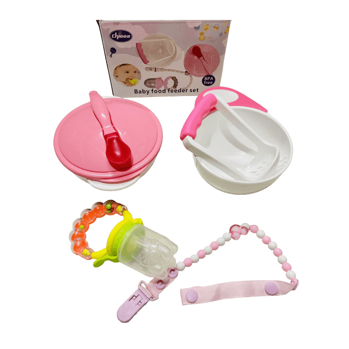 Baby Food Feeder Set with Holder, Fruit Feeder, Food Masher, and Suction Feeding Bowl with Spoo