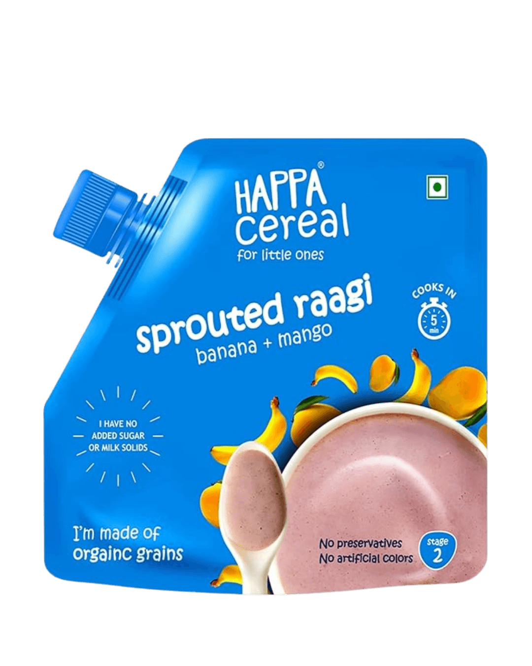Happa Cereal, specifically the Sprouted Raagi variant with Banana + Mango |