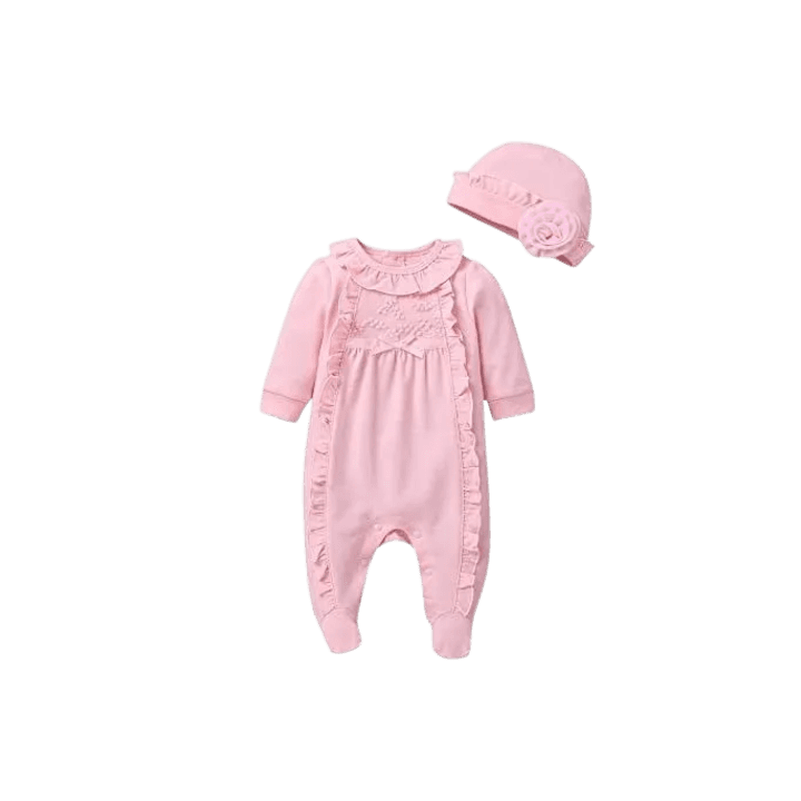 Urbling CozyRuffle Baby Girls Footed Romper Set – Long‑Sleeve Cotton Pajama with Matching Hat (0–12 Months)