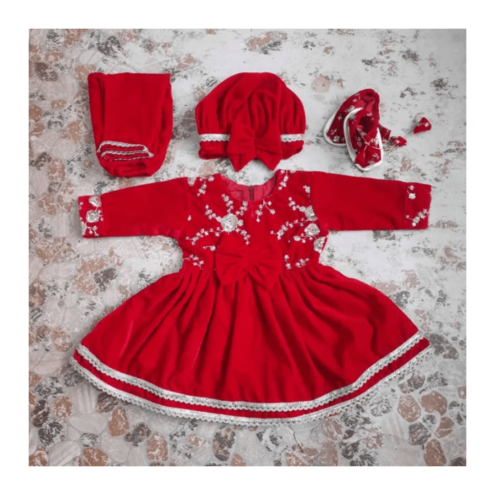 Embroidered Red Velvet Pasni Dress Set – Traditional Baby Girl Outfit with Cap & Shoes