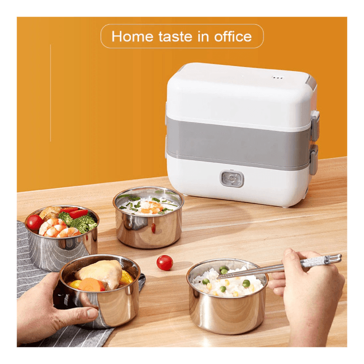 Stainless Steel Electric Lunch Box 4-Tier Portable Food Steamer & Mini Rice Cooker