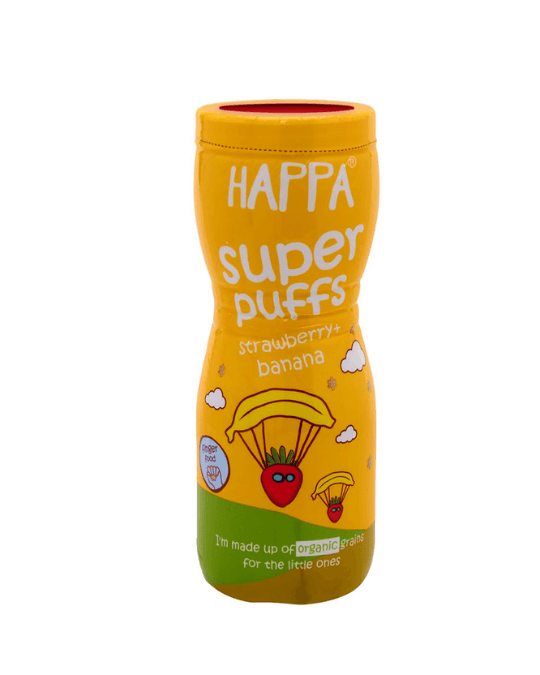 Happa Super Puffs Strawberry + Banana are organic multigrain