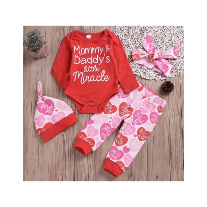 Baby Girls Valentine’s Day Outfit – Long-Sleeve Romper, Pants & Headband Set