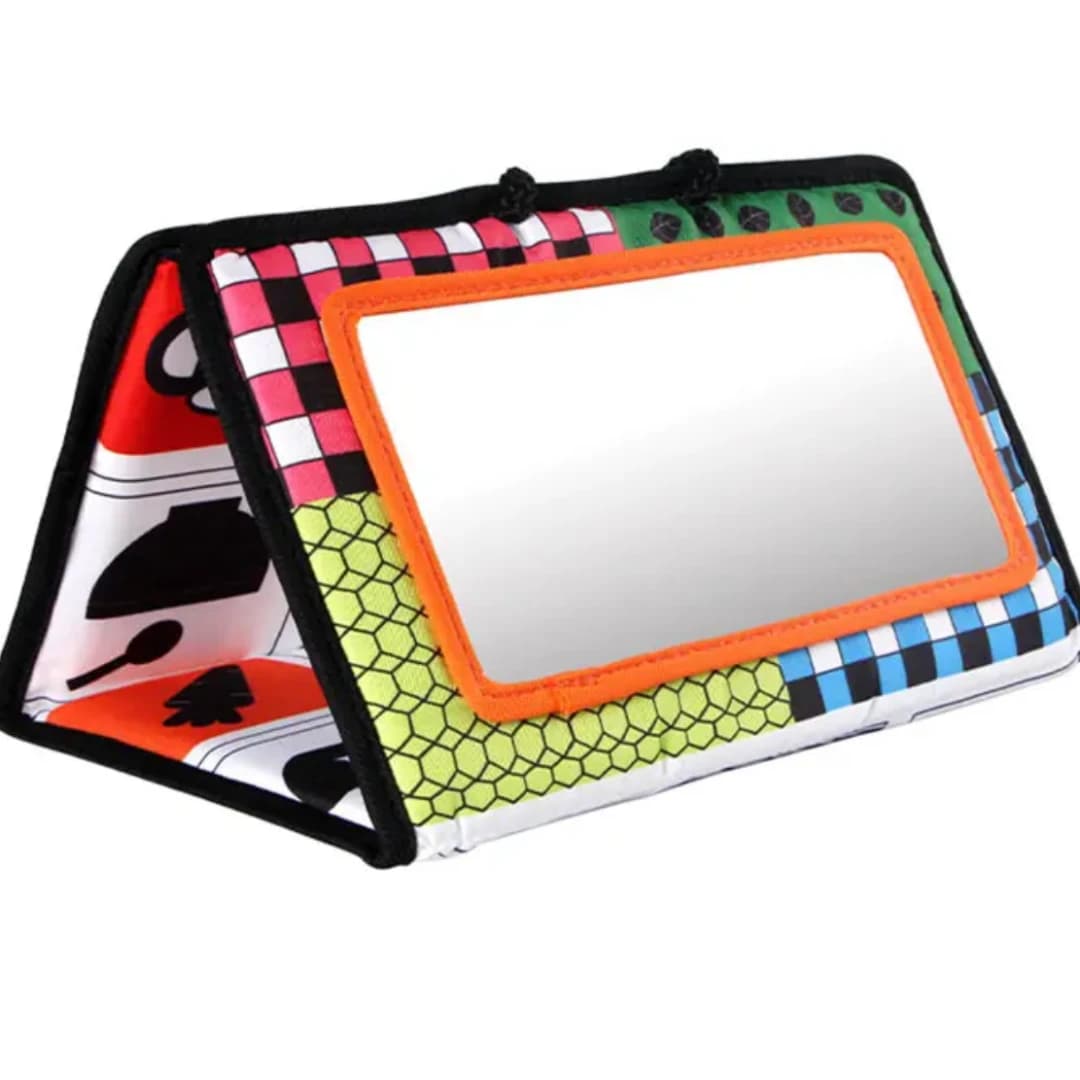 Baby Tummy Time Mirror | Foldable Infant Play Mirror with High-Contrast Patterns & Teethers