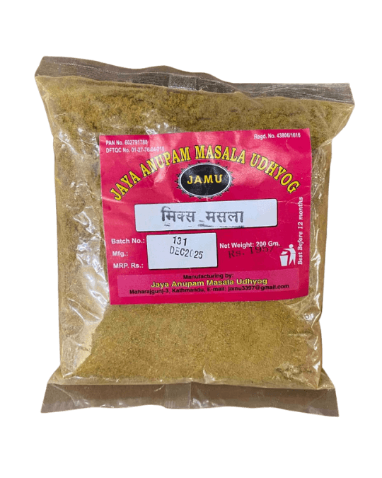 "Mix Masala"200gm spice blend produced by Jaya Anupam Masala Udhyog in Kathmandu.