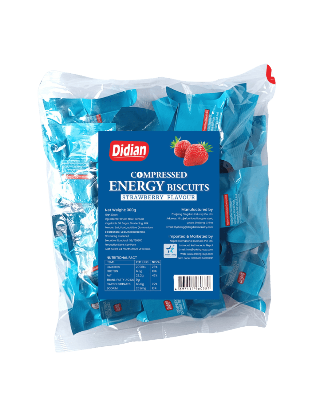 Didian | Compressed High Energy Biscuit | 300 gm | (15 gm x 20 packs)| (strawberry milk & peanut flavour)