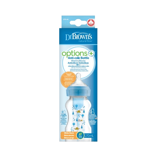 Dr Brown's Wide-Neck Options+ Bottle, Blue alpine deco, 1-Pack- 9 oz/270 mL